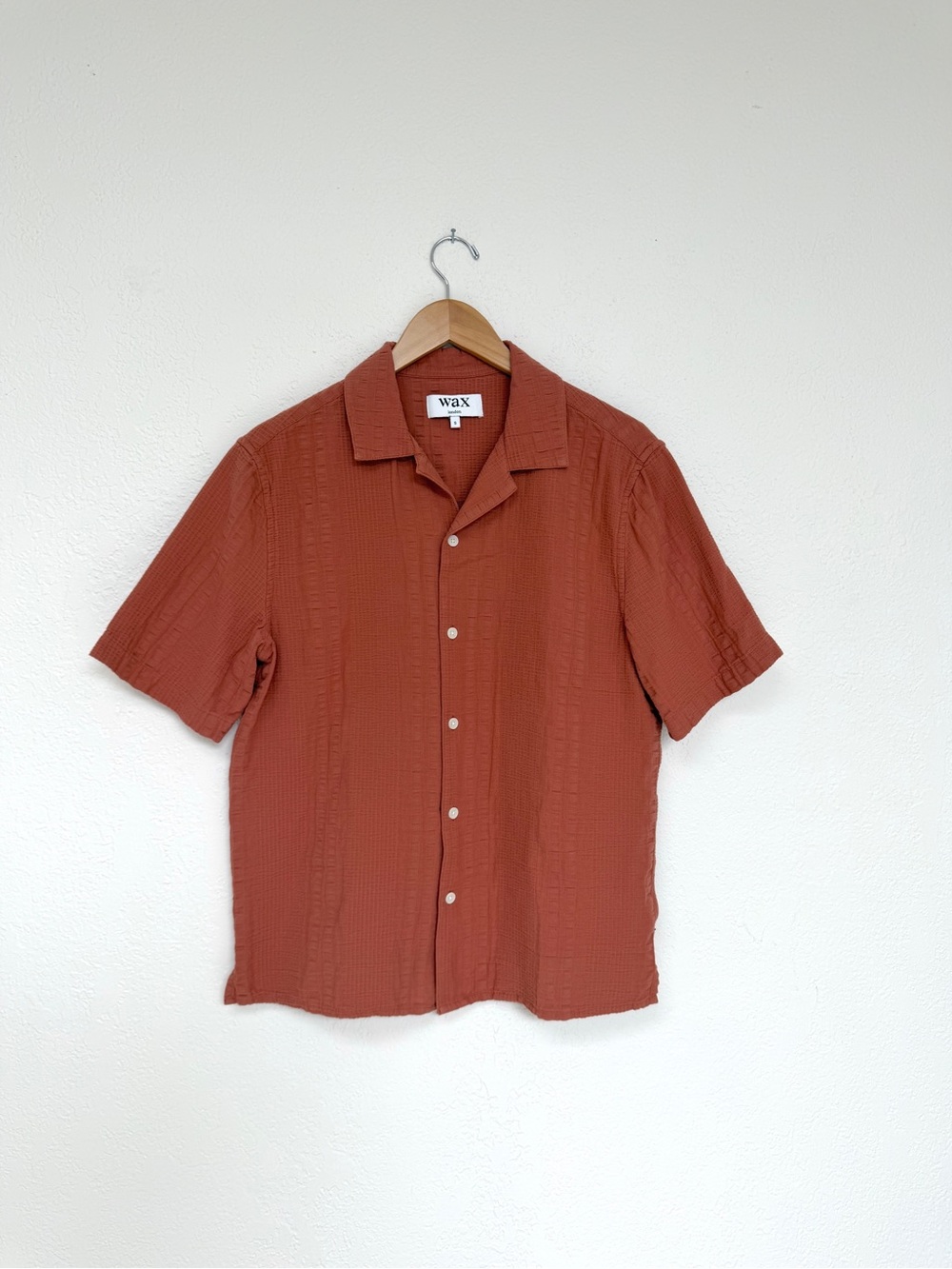 WAX LONDON didcot double seersucker terracotta short sleeve camp shirt / size S